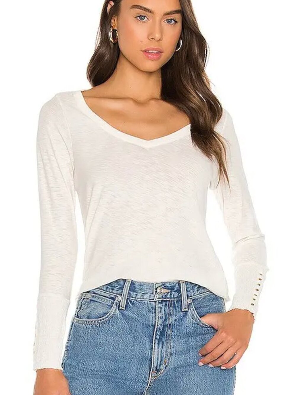Nation LTD Page Relaxed Fit Snap Cuff Long Sleeve V-Neck Tee Cotton White Medium